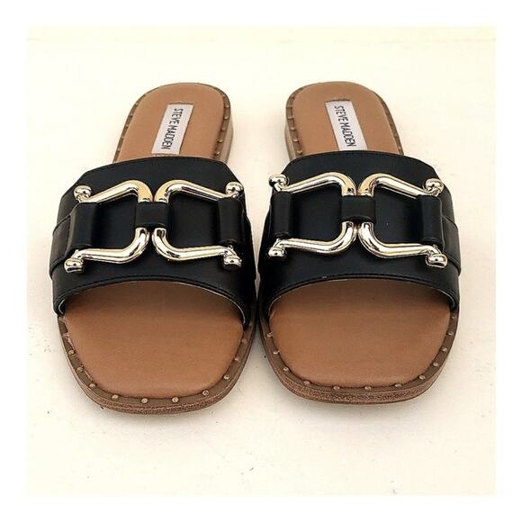 Steve Madden | Size 10 Alita Slip on Slide Sandals Gold Tone Black Hardware - Picture 2 of 11